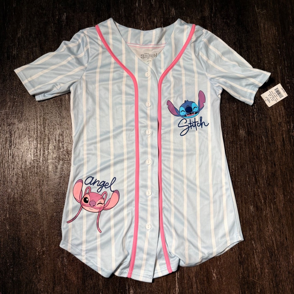 Disney Stitch Angel Baseball Jersey Girls Size M Light Blue Pinstripe Button Up
